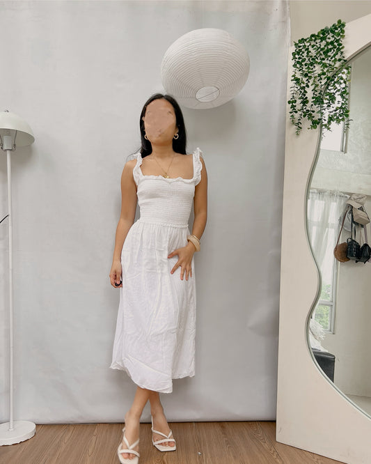 white smocked  ruffled sleeve square neck dress