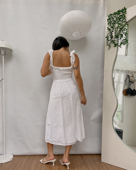 white smocked  ruffled sleeve square neck dress