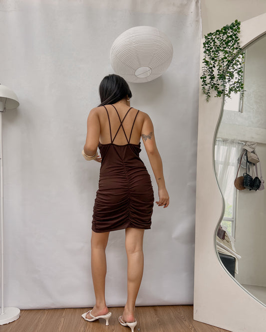 BERSHKA dark brown v-neck fitted ruffled dress