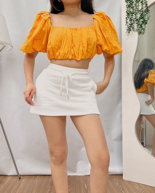 H&M linen double lined orange puffed sleeve cropped top Q69