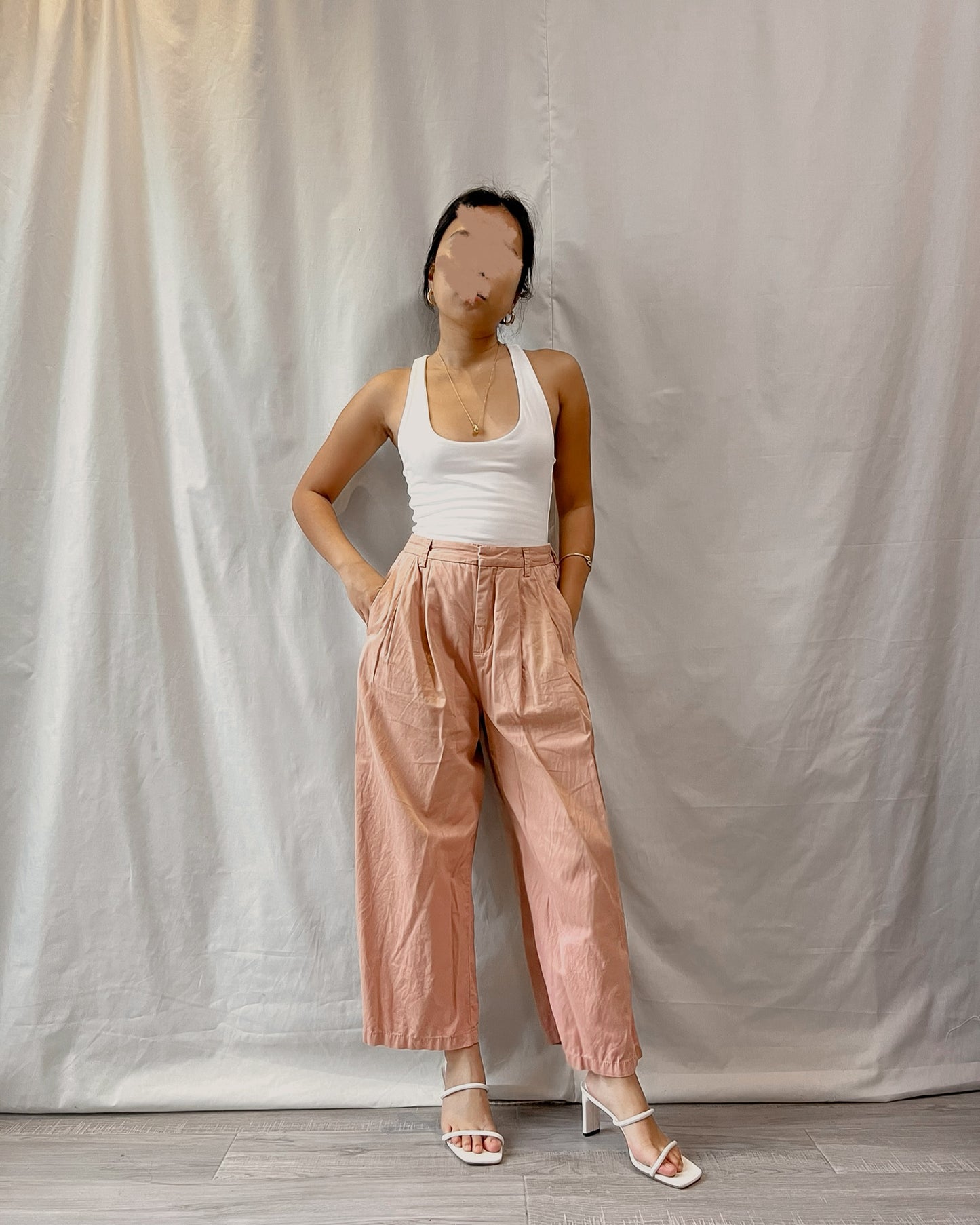cotton pleated peachy nude ankle length trousers m5
