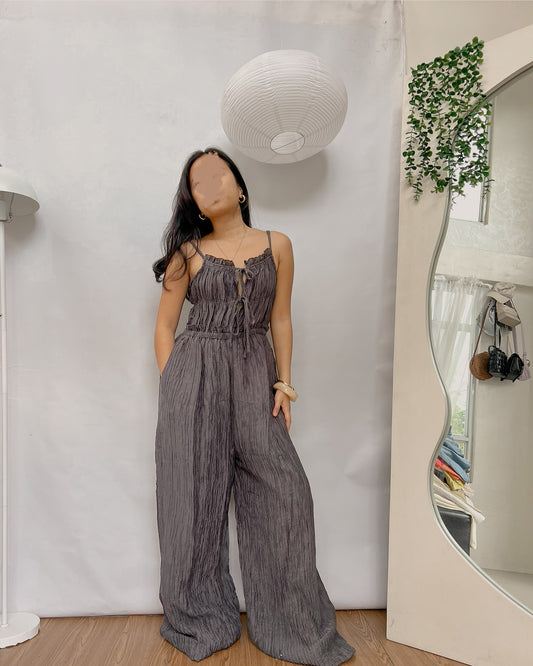 gray pleated tie front jumpsuit