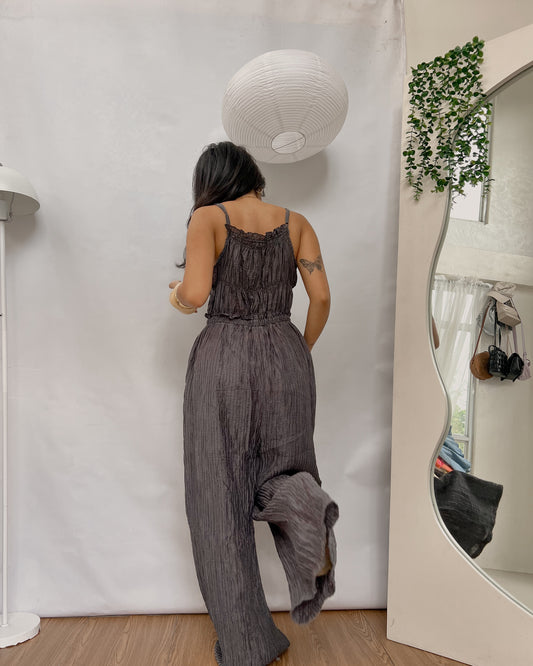 gray pleated tie front jumpsuit
