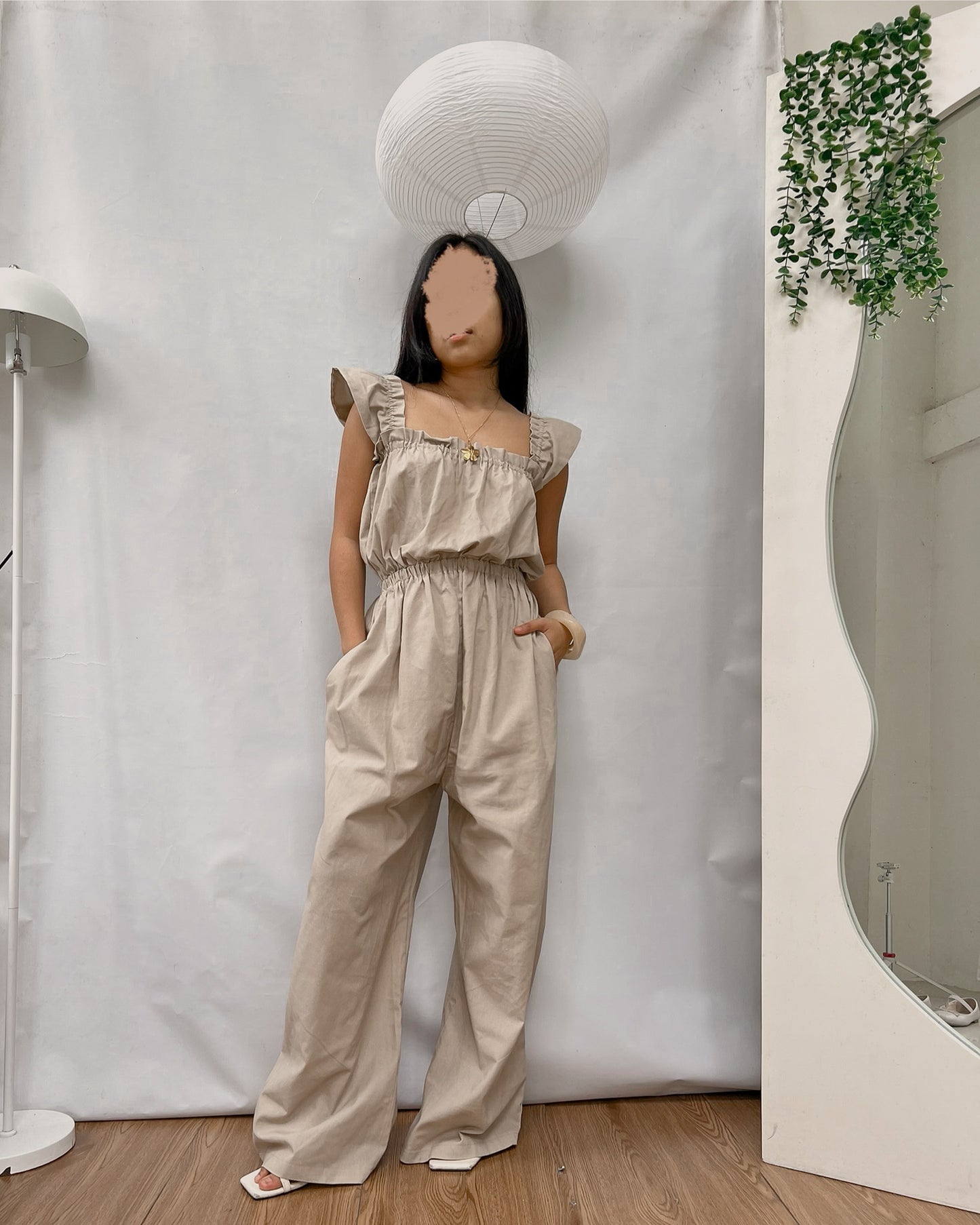 high quality canvas linen beige ruffled jumpsuit
