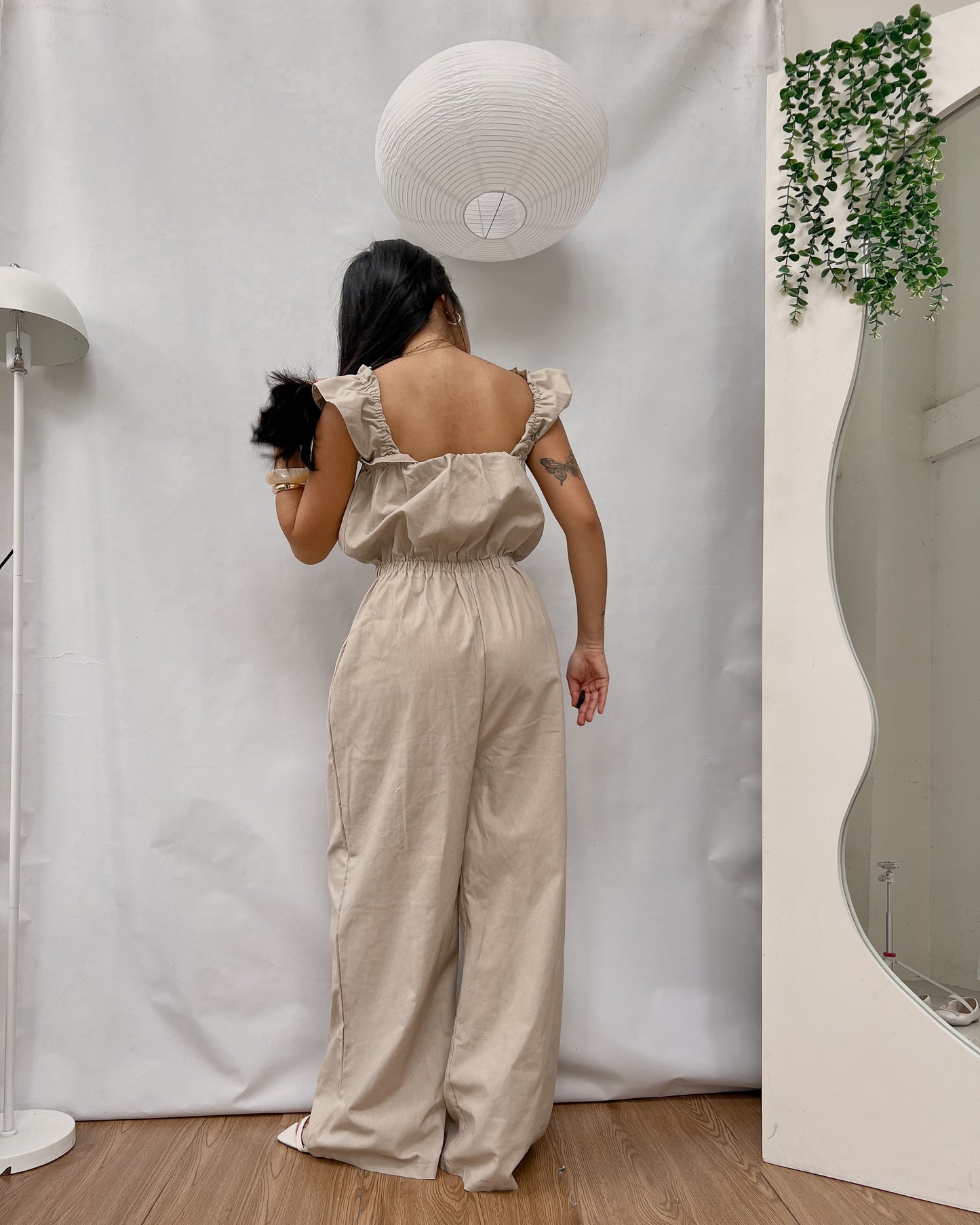 high quality canvas linen beige ruffled jumpsuit