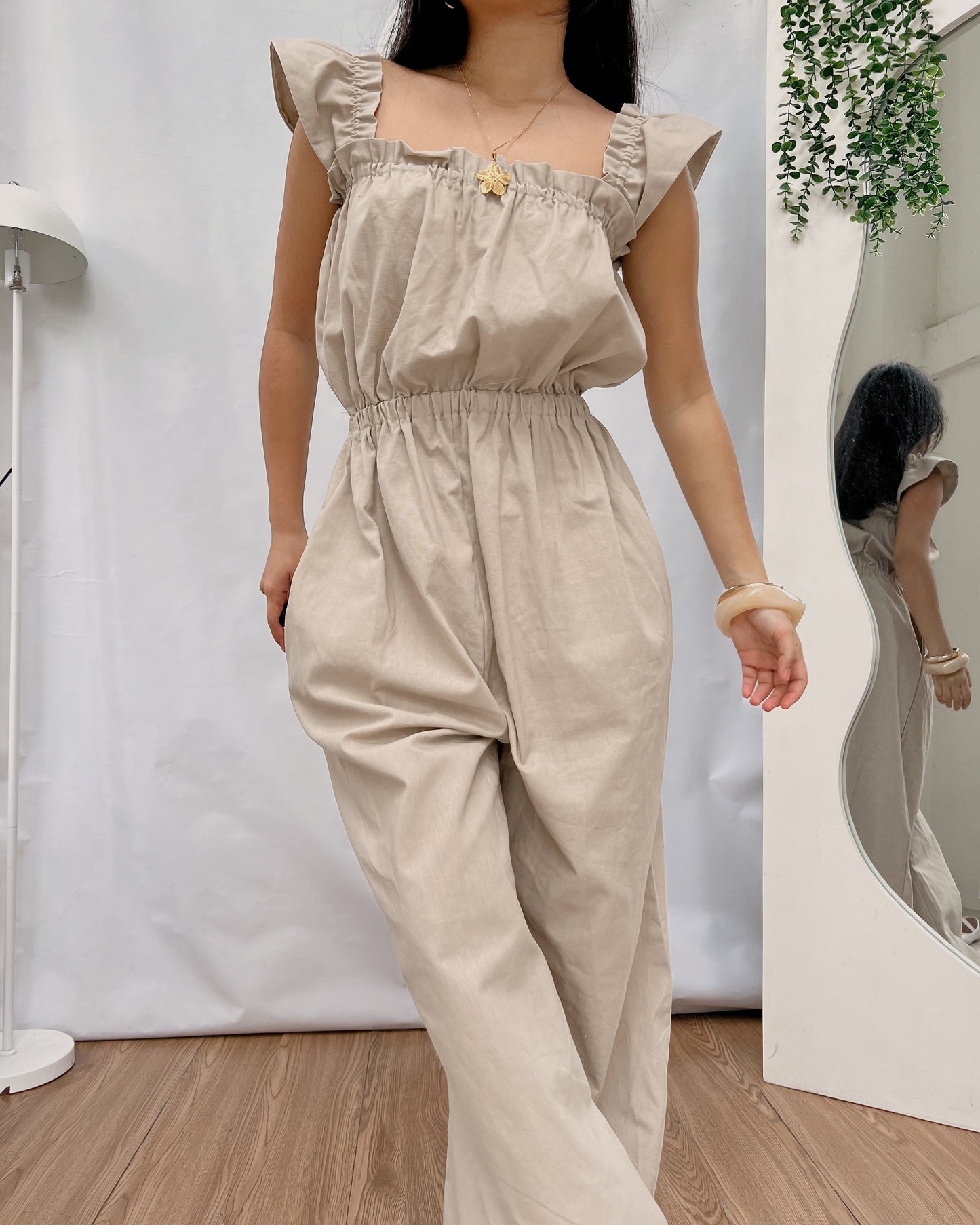 high quality canvas linen beige ruffled jumpsuit