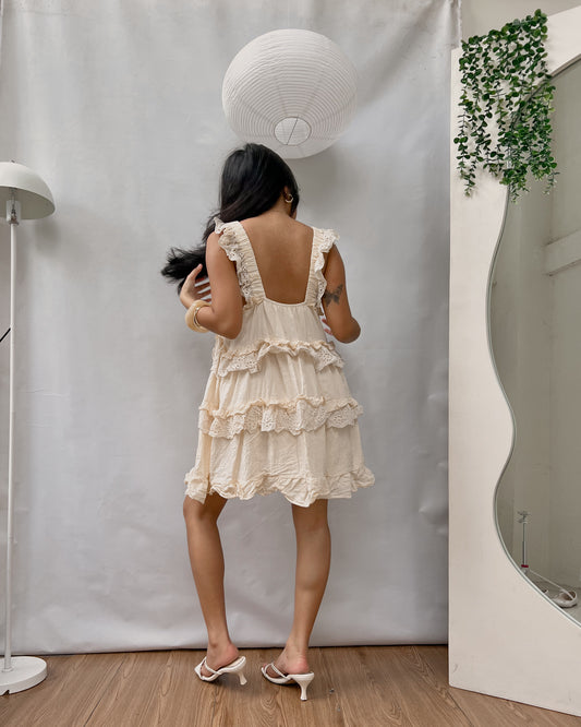 cutest cream linen ruffled short dress