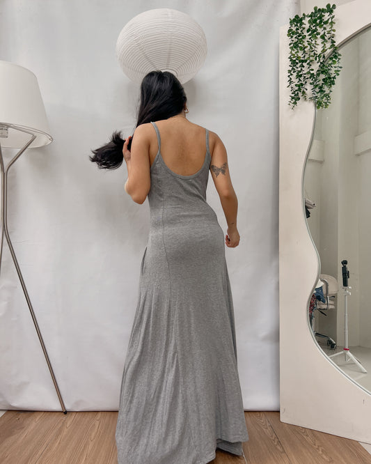 padded simple high quality  gray maxi dress with pocket Y23
