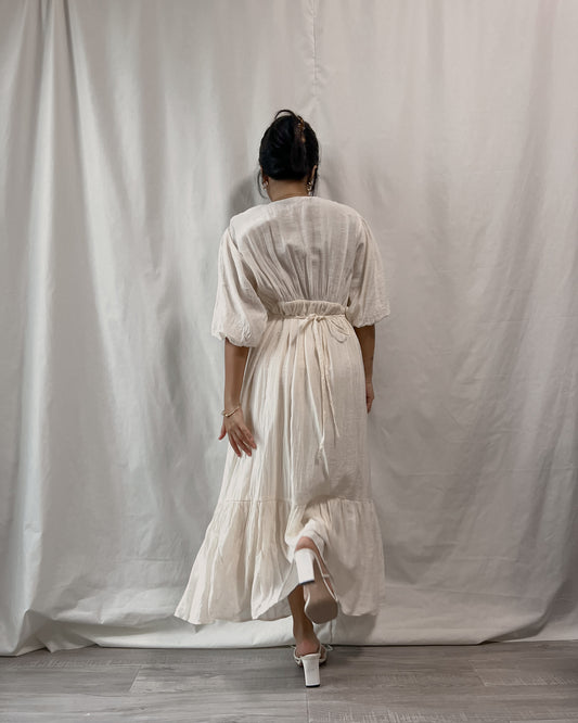 white v-neck puffed sleeve dress