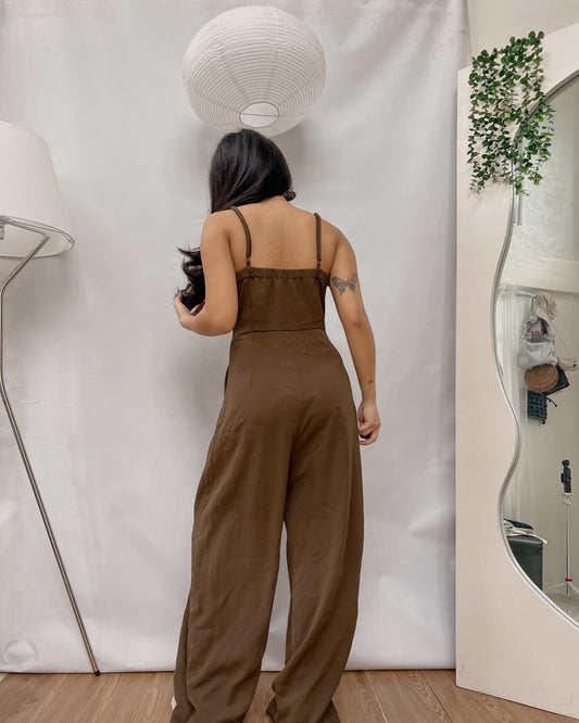 brown v-neck wide-leg jumpsuit Y26
