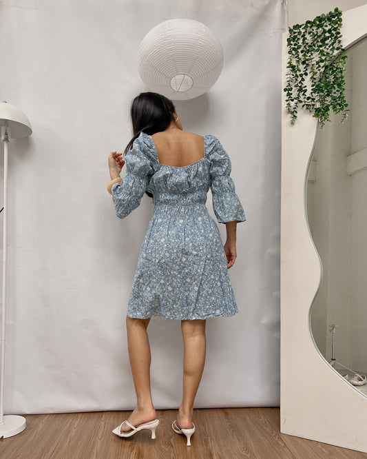 TOPSHOP blue floral long sleeve ruffled dress