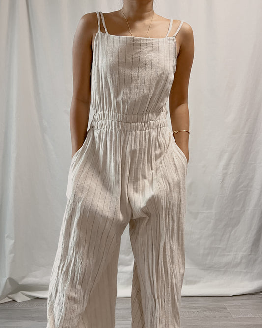 linen white double sleeve square neck jumpsuit