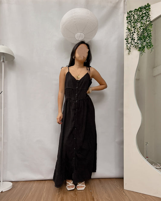 self tie black button down long dress