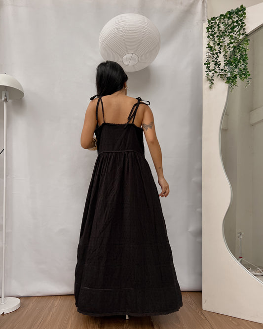 self tie black button down long dress