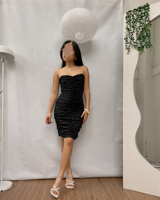 ZARA linen ruching black fitted tube dress