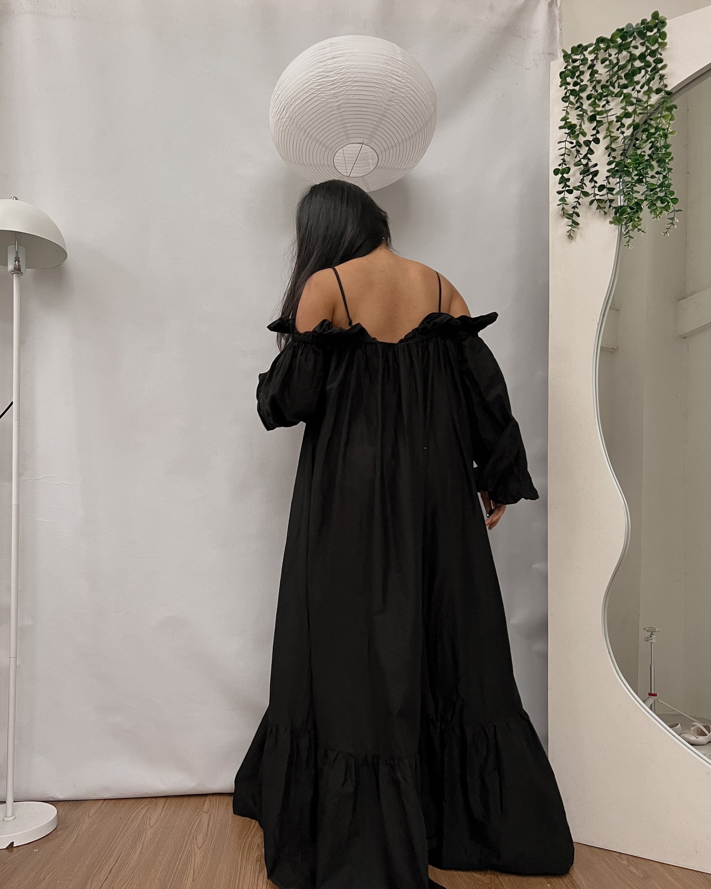 H&M black long textured off shoulder dress