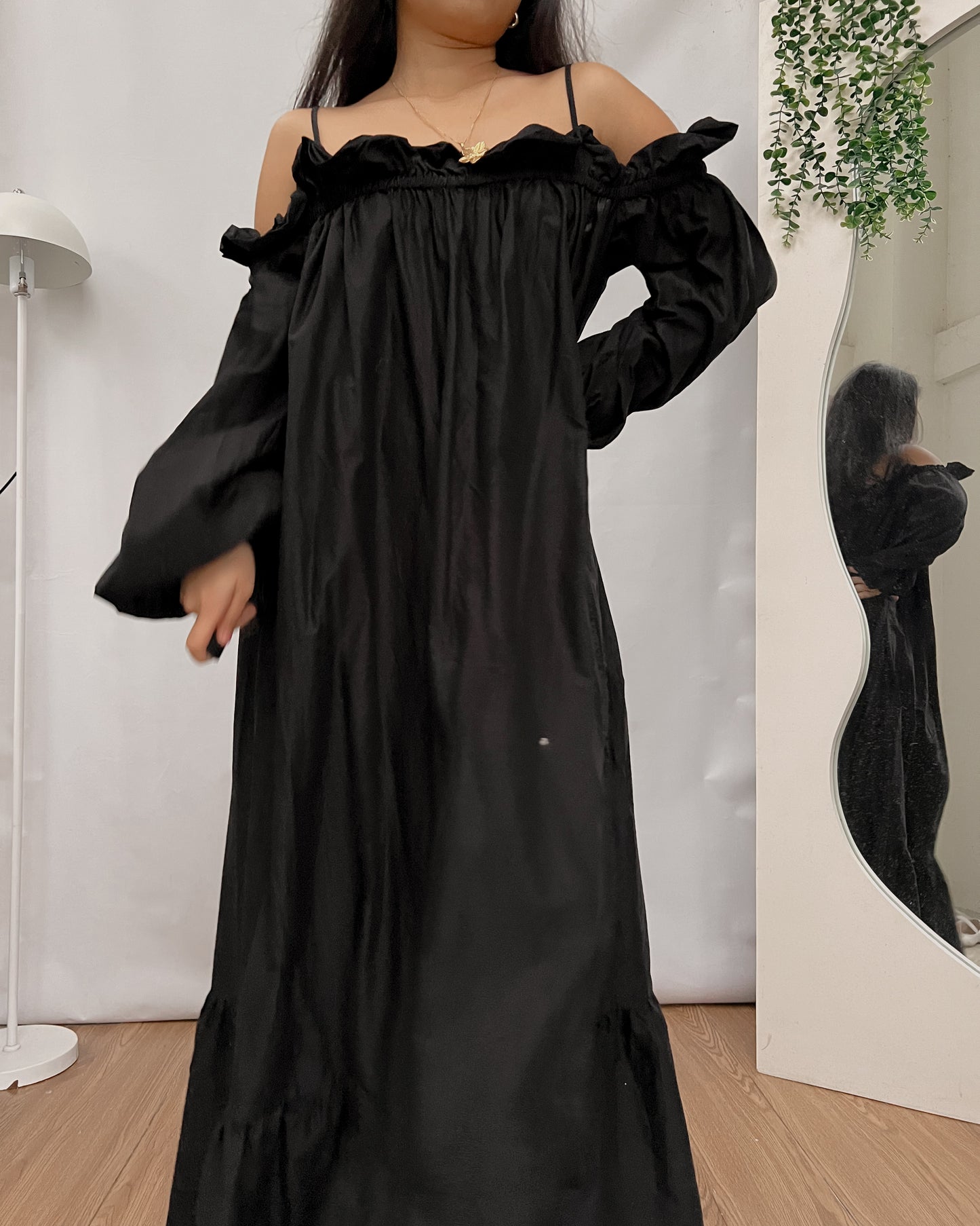 H&M black long textured off shoulder dress