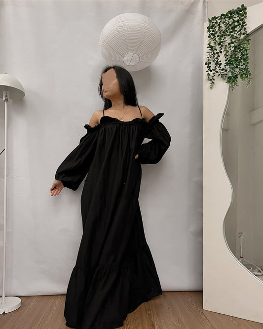 H&M black long textured off shoulder dress