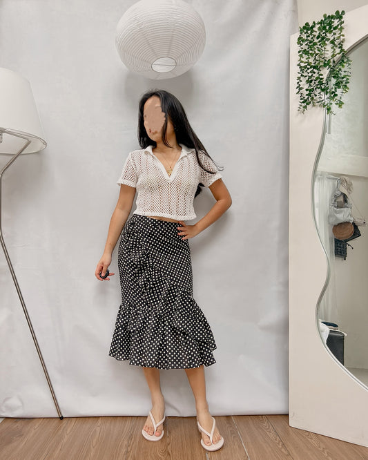 black polka dot asymmetrical ruffled skirt C63