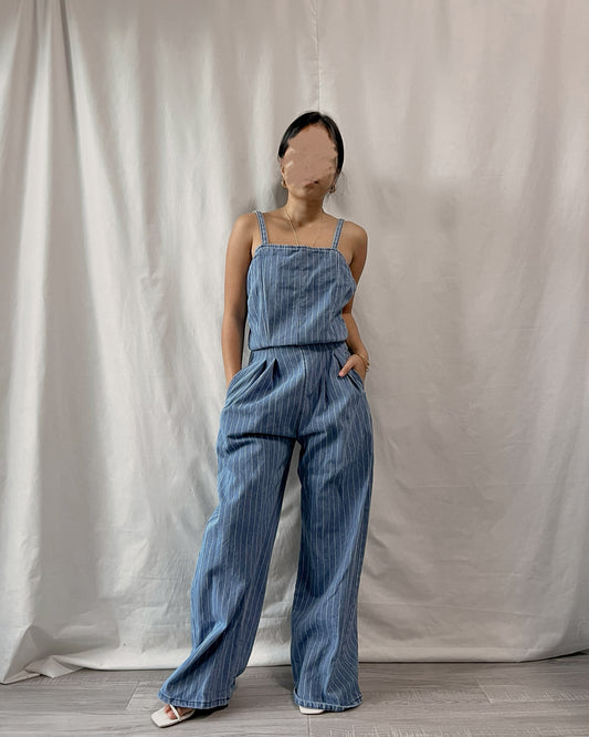 denim striped sleeveless jumpsuit