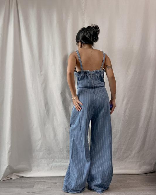 denim striped sleeveless jumpsuit