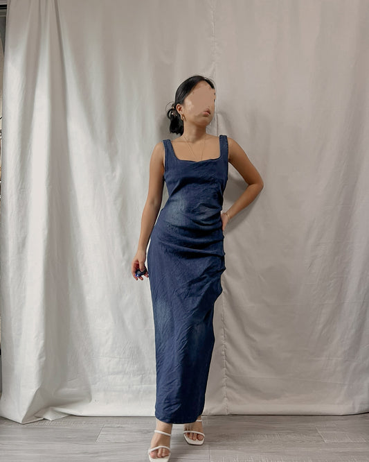 ruched denim bodycon dress
