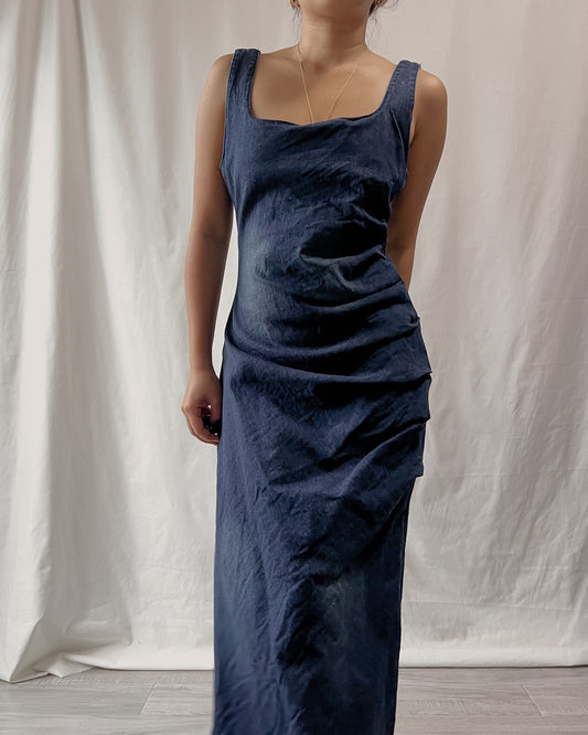 ruched denim bodycon dress
