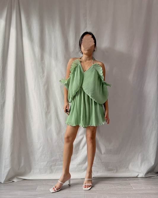 green ruffle trim halter backless romper
