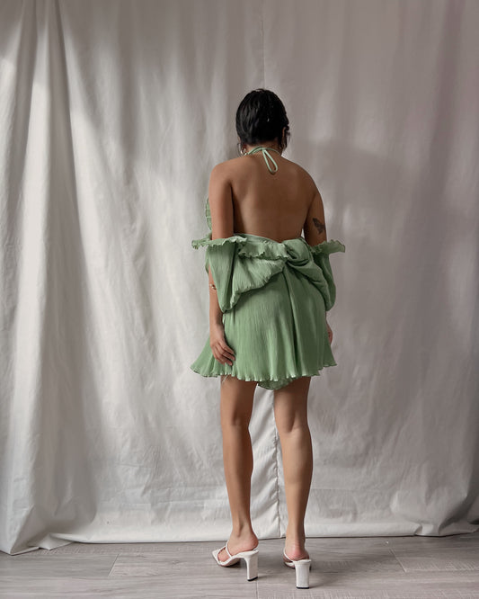 green ruffle trim halter backless romper