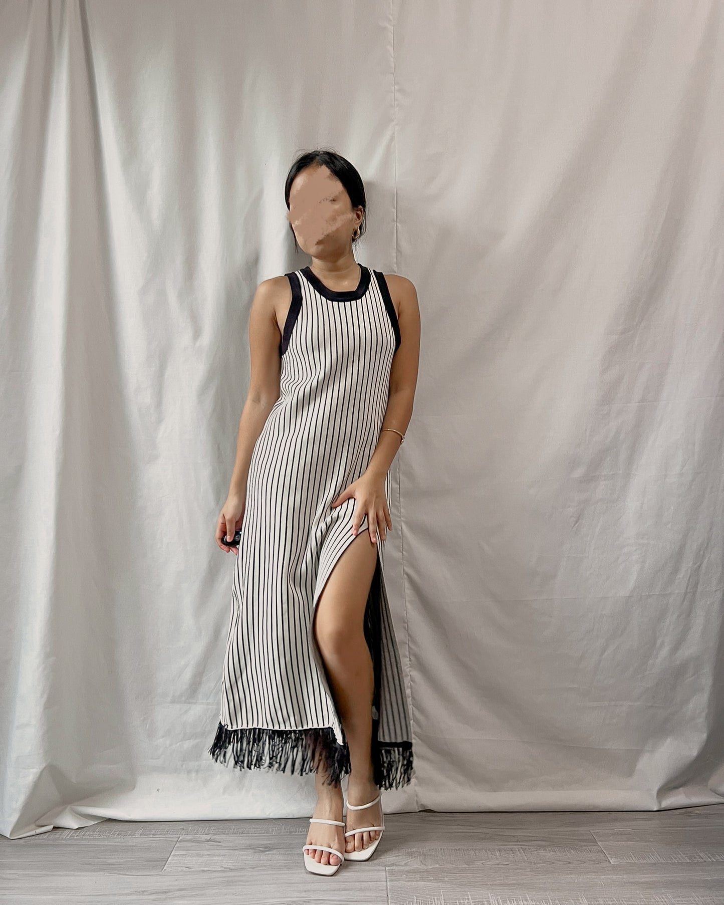 high quality knit fabric striped halter neck bodycon dress with side slit D50