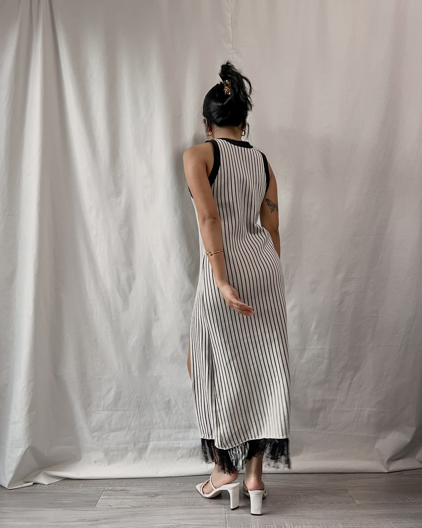 high quality knit fabric striped halter neck bodycon dress with side slit D50