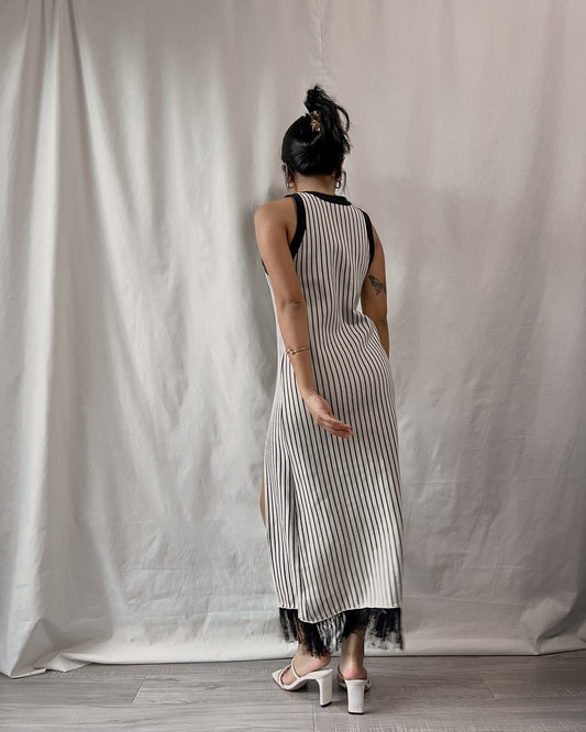 high quality knit fabric striped halter neck bodycon dress with side slit D50