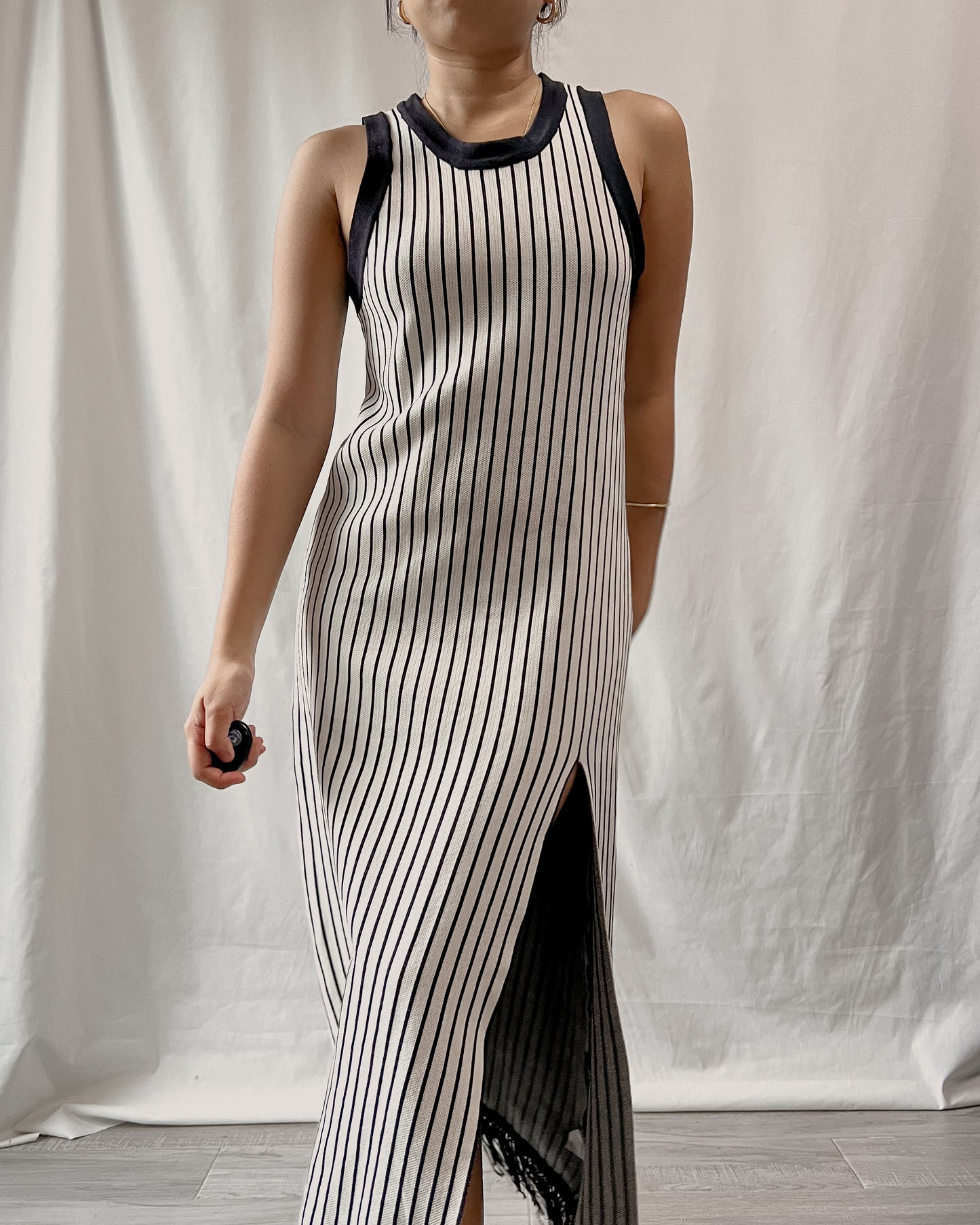 high quality knit fabric striped halter neck bodycon dress with side slit D50