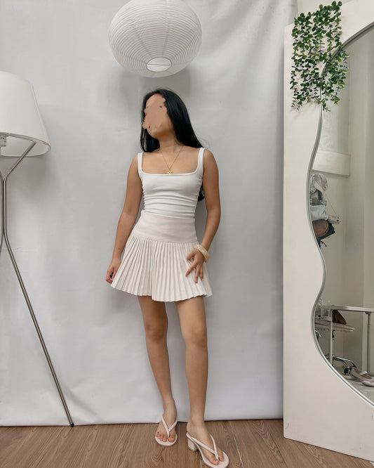 high quality double lined cream high waist pleated skirt T11