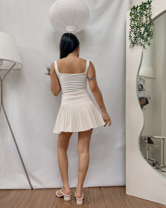 high quality double lined cream high waist pleated skirt T11