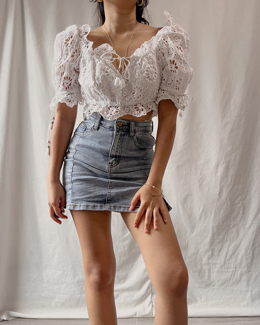 white hollow out embroidered short sleeve tie front top