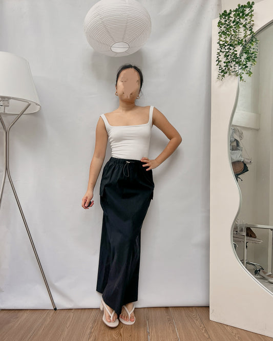 black cargo elastic waist long nylon skirt with pocket C61