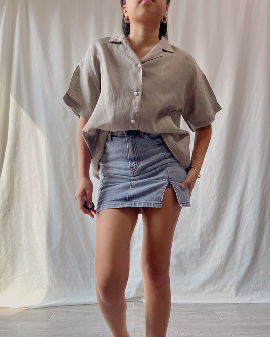 MUJI brown button front loose shoulder sleeve top