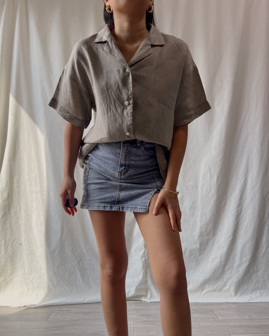MUJI brown button front loose shoulder sleeve top