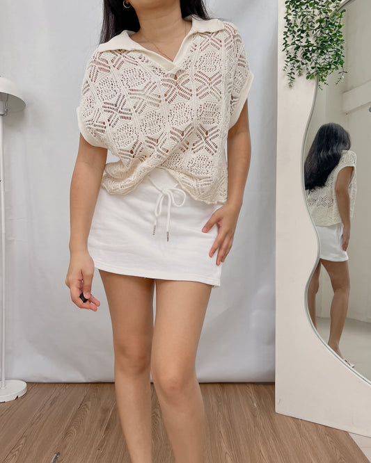 crochet knit cream short sleeve polo