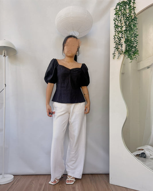 high quality black linen puff sleeve top
