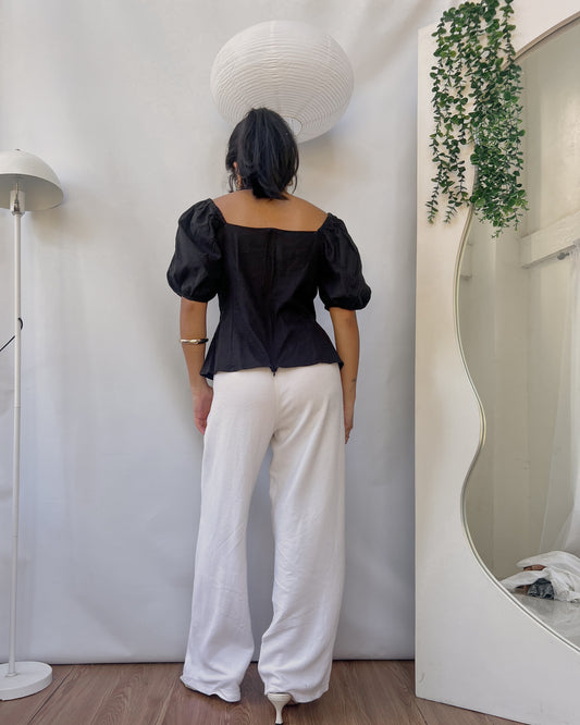high quality black linen puff sleeve top