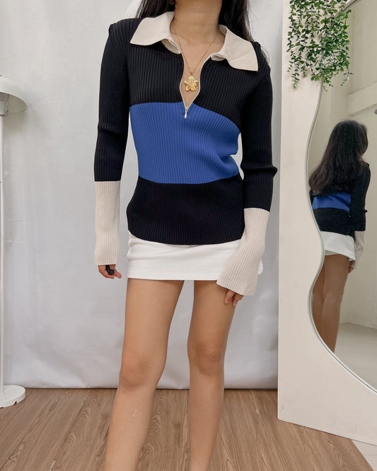 black, white and blue knitted high quality zip up polo long sleeve