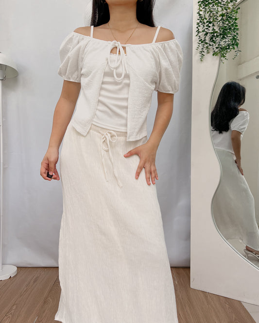 white textured tie front off shoulder top