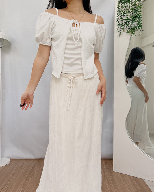white textured tie front off shoulder top