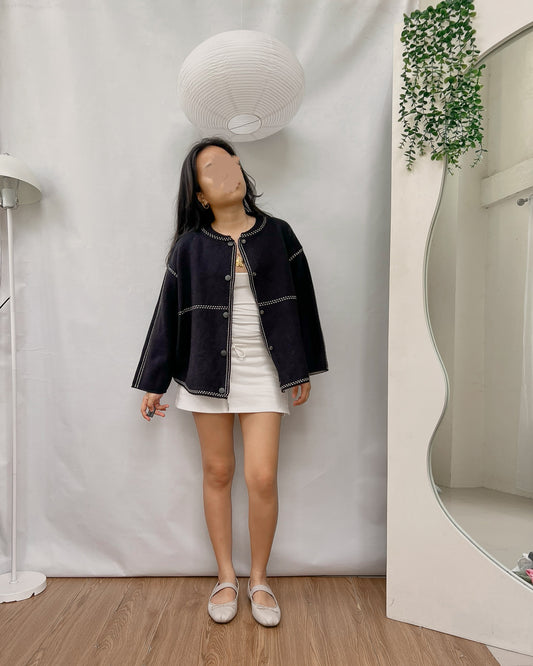 knitted contrast stitch button front casual jacket
