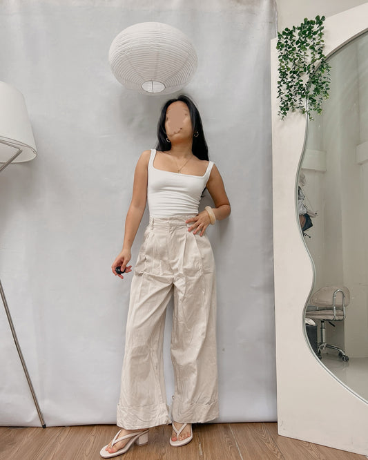 high quality nude pleated folded hem wide leg pants v18