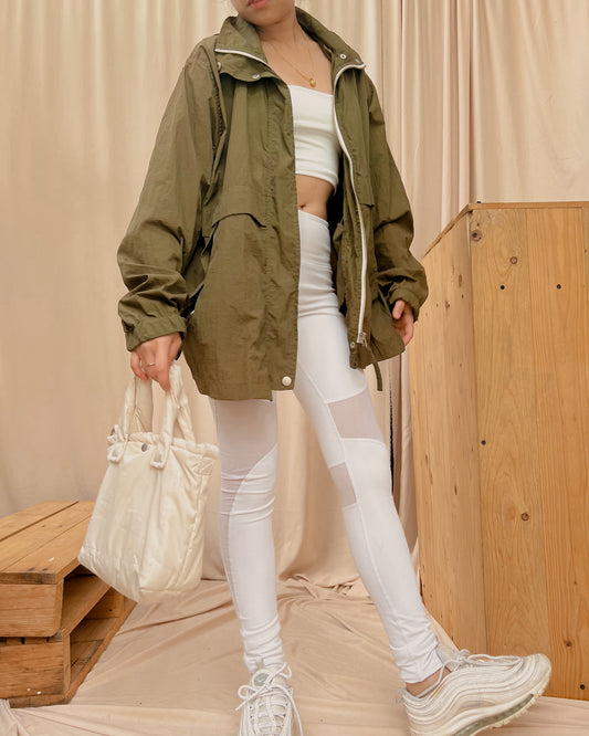 Army green parka jacket with back statement