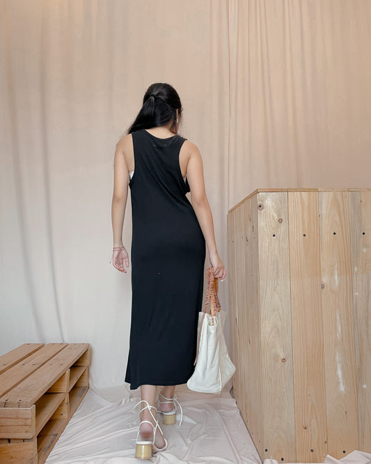 Black midi dress with round neckline