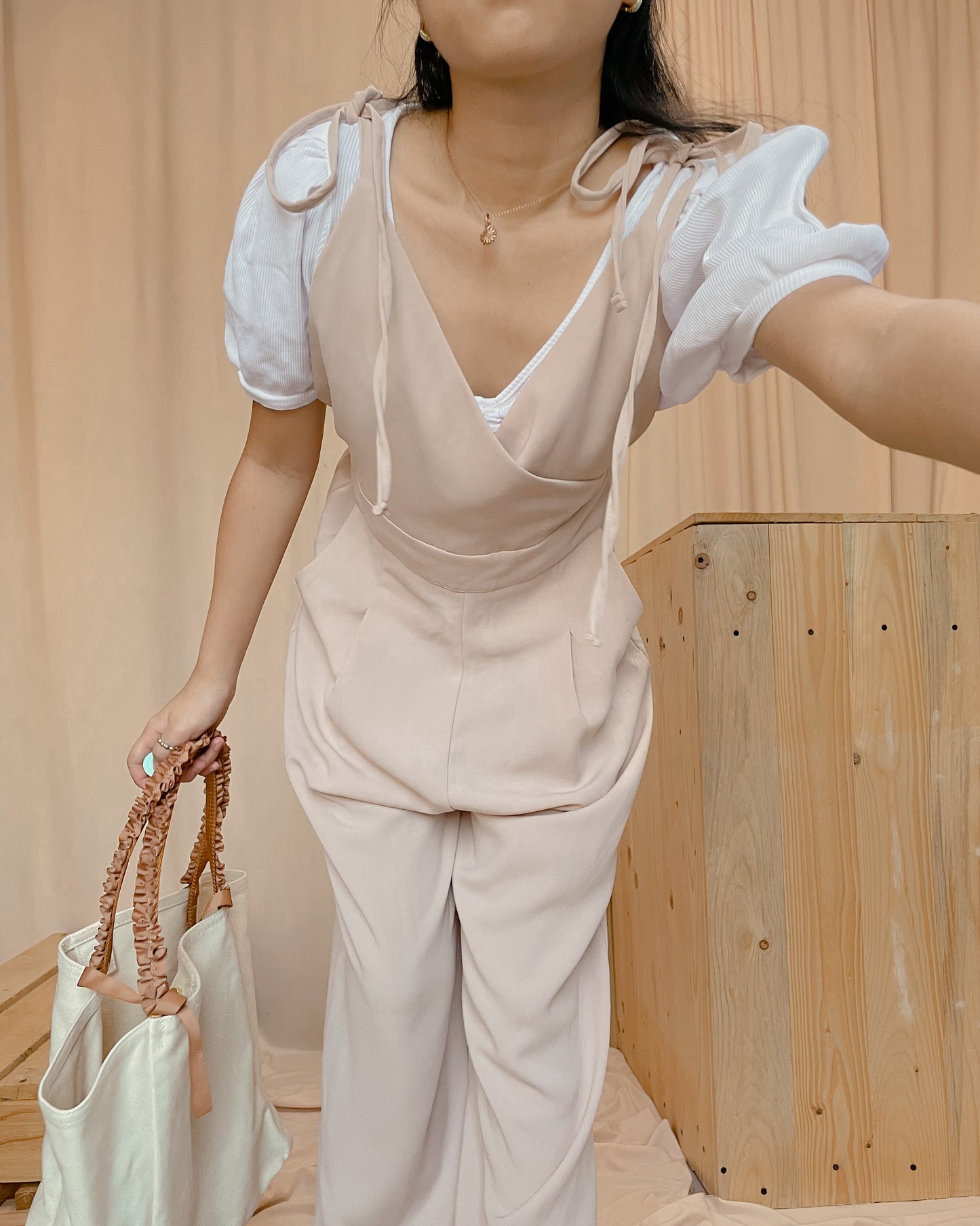 Nude flowy self tie overalls